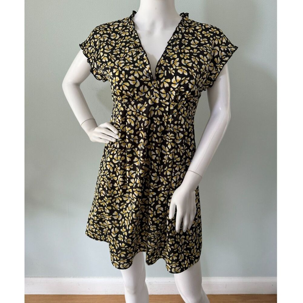 Zara Floral Mini Dress Womens Size S Black Yellow Ruffle V-Neck Cap Sleeve